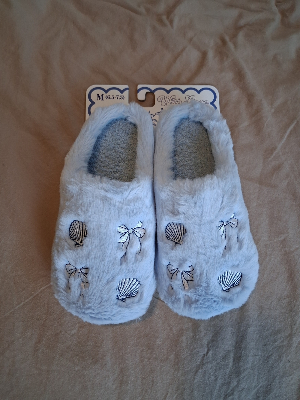 Light Blue Fuzzy Slippers with Shell & Bow Embroidery
